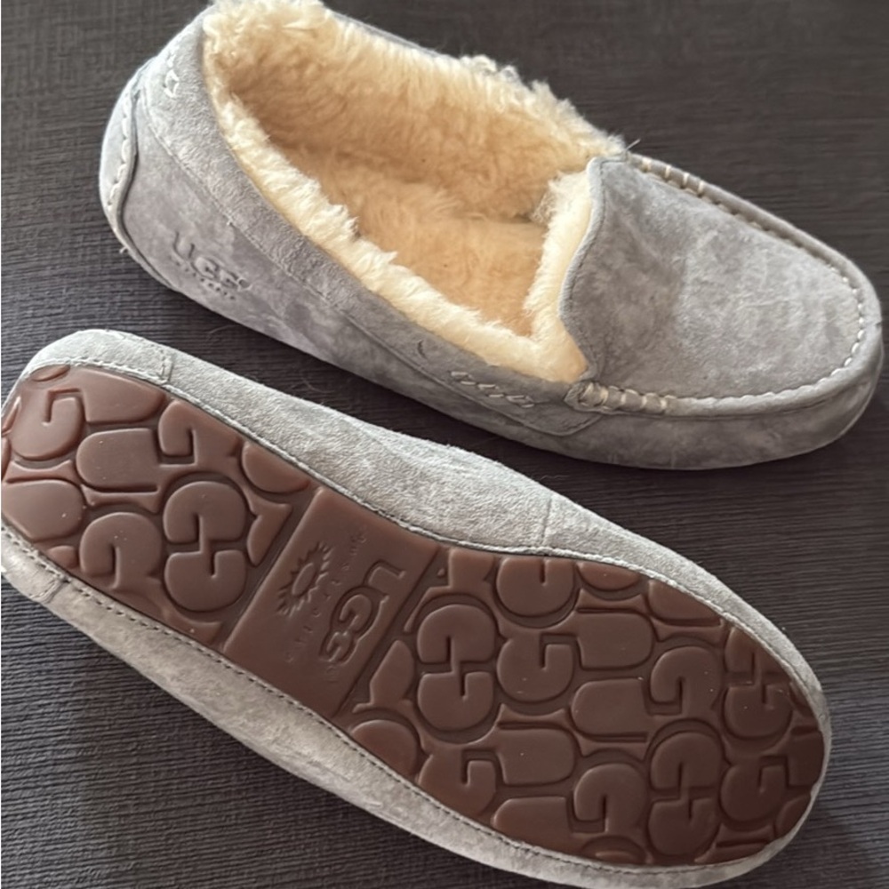 UGG Soft Gray Slippers with Tan Lining